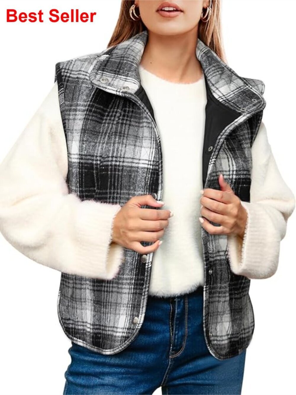 Plaid Puffer Vest Quilted Sleeveless Stand Collar Button Down Lightweight